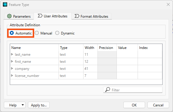 Choosing Automatic attribute definition mode
